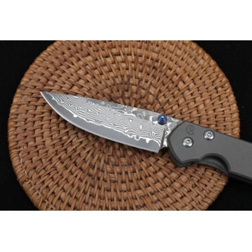 ChrisV Damascus Folding Knife with Titanium Handle (Flat Pattern)