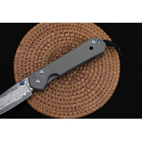 ChrisV Damascus Folding Knife with Titanium Handle (Flat Pattern)