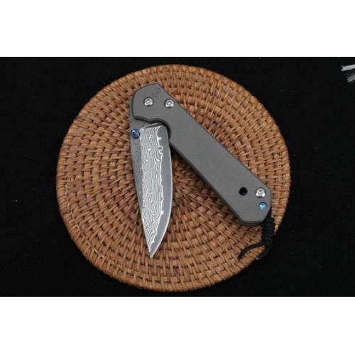ChrisV Damascus Folding Knife with Titanium Handle (Flat Pattern)