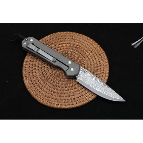 ChrisV Damascus Folding Knife with Titanium Handle (Flat Pattern)