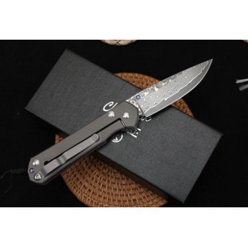 ChrisV Damascus Folding Knife with Titanium Handle (Flat Pattern)