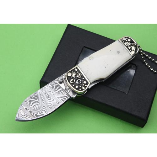 Swedish Powder Damascus Folding Knife with White Bone and Double Copper Head