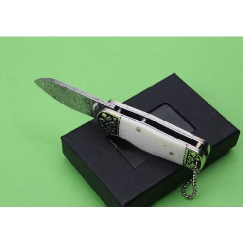 Swedish Powder Damascus Folding Knife with White Bone and Double Copper Head