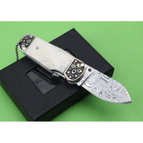 Swedish Powder Damascus Folding Knife with White Bone and Double Copper Head