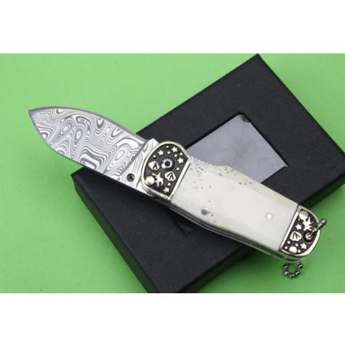 Swedish Powder Damascus Folding Knife with White Bone and Double Copper Head