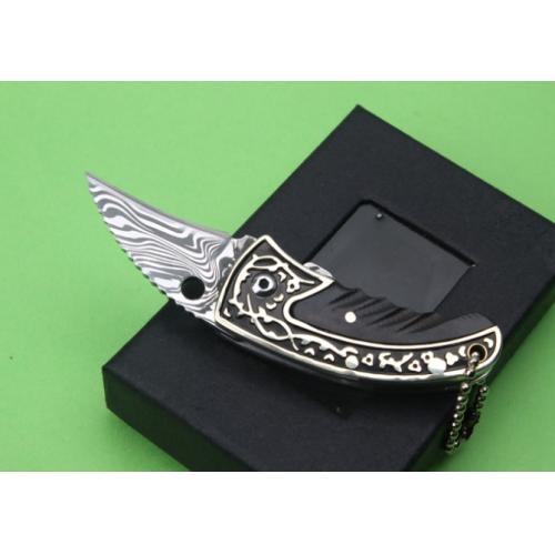 Swedish Powder Damascus Folding Knife with Engraved White Copper Claw