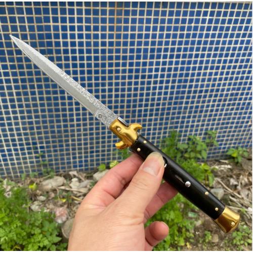 Damascus 11-Inch AKC Black Mafia Knife with Black Horn Handle