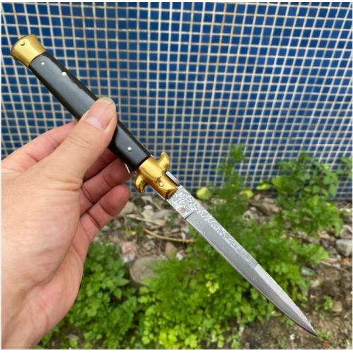 Damascus 11-Inch AKC Black Mafia Knife with Black Horn Handle