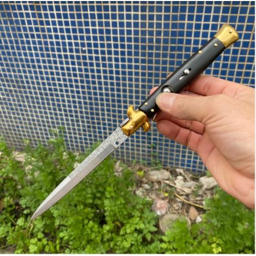 Damascus 11-Inch AKC Black Mafia Knife with Black Horn Handle