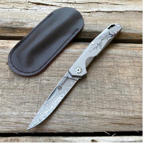 Damascus Mini Plum Blossom Folding Keychain Knife