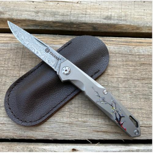 Damascus Mini Plum Blossom Folding Keychain Knife