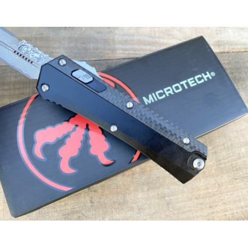 Introducing the New Microtech Troodon OTF Knife with a Damascus Carbon Fiber Handle.
