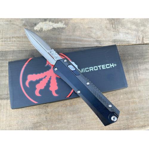 Introducing the New Microtech Troodon OTF Knife with a Damascus Carbon Fiber Handle.