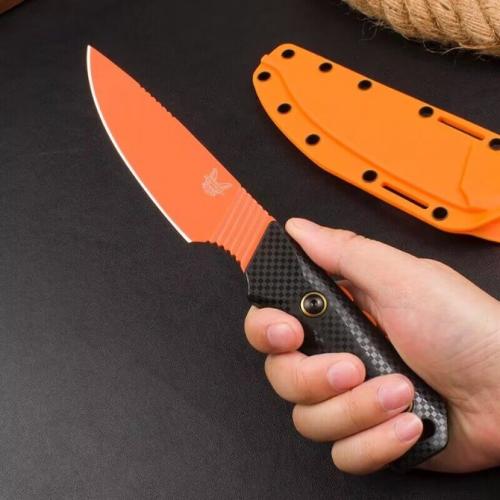 Benchmade 156000OR Hunting Knife with Black Patterned Handle and Orange Blade