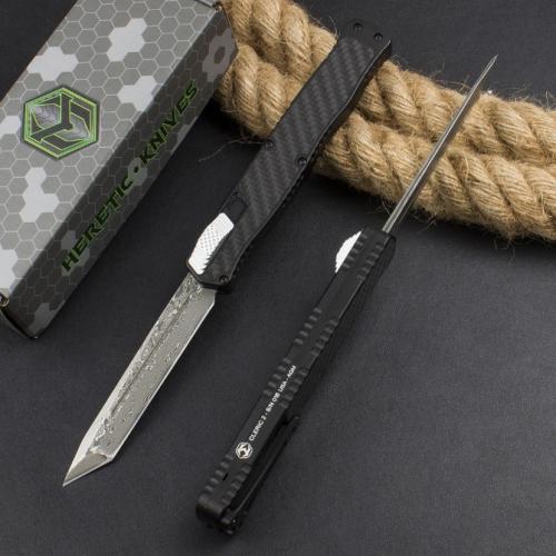 Heretic Cleric II OTF Knife with Carbon Fiber and Damascus Blade