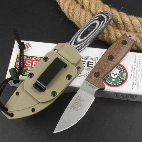 OEM ESEE-3 Rowen Tactical Fixed Blade Knife with Black/White G10 Handle & Brown Linen