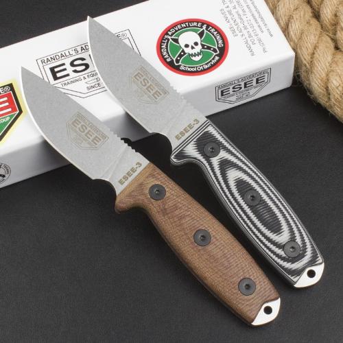 OEM ESEE-3 Rowen Tactical Fixed Blade Knife with Black/White G10 Handle & Brown Linen