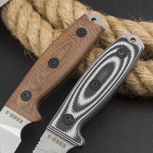 OEM ESEE-3 Rowen Tactical Fixed Blade Knife with Black/White G10 Handle & Brown Linen