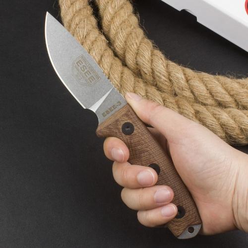 OEM ESEE-3 Rowen Tactical Fixed Blade Knife with Black/White G10 Handle & Brown Linen