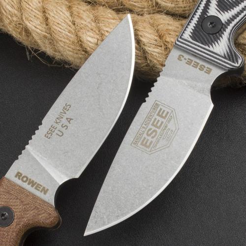 OEM ESEE-3 Rowen Tactical Fixed Blade Knife with Black/White G10 Handle & Brown Linen