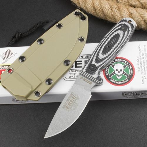 OEM ESEE-3 Rowen Tactical Fixed Blade Knife with Black/White G10 Handle & Brown Linen