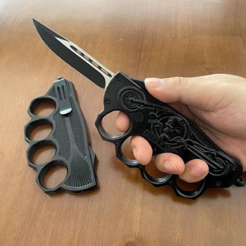 Introducing the 2024 Harley Motorcycle Spring-Assisted Knuckle Knife (Black Edition).