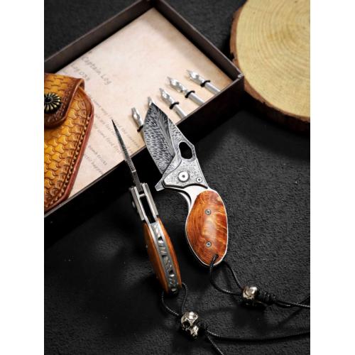Feather Pattern Damascus Folding Knife