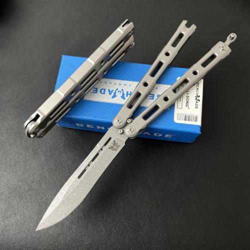 Introducing the Benchmade BM85 Titanium Butterfly Knife, featuring a sleek magnetic latch for seamless operation.