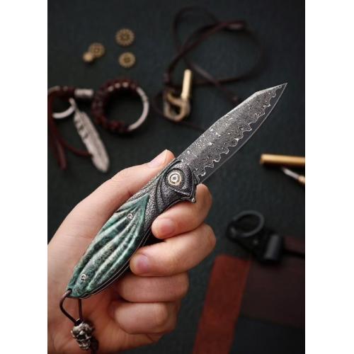Peacock Feather Damascus Folding Knife