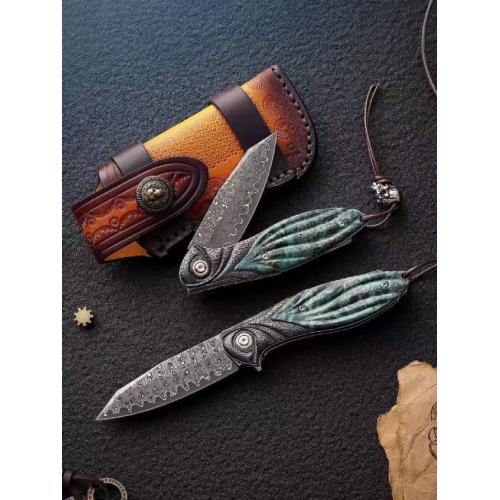 Peacock Feather Damascus Folding Knife