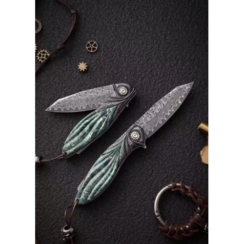 Peacock Feather Damascus Folding Knife