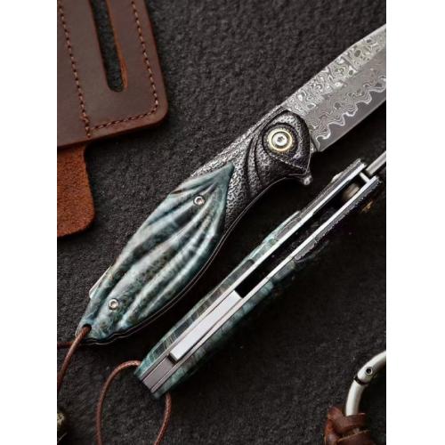 Peacock Feather Damascus Folding Knife