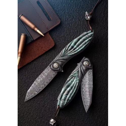 Peacock Feather Damascus Folding Knife