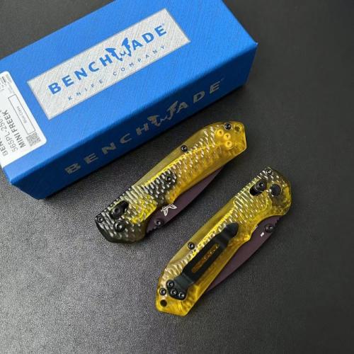 Introducing the new Benchmade Mini Freek 565PL-2501 Folding Knife, featuring a textured transparent PEI handle.