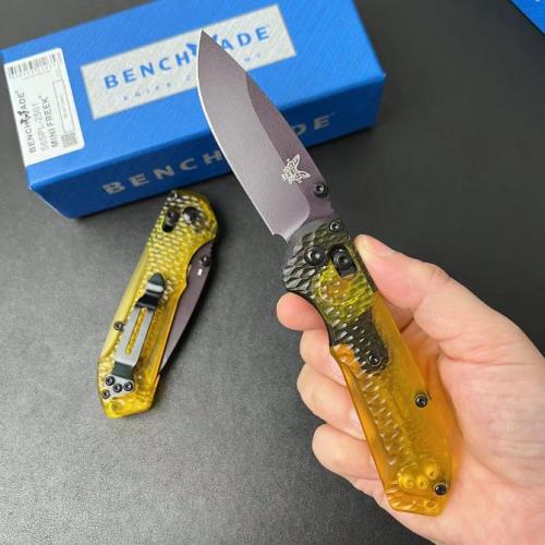 Introducing the new Benchmade Mini Freek 565PL-2501 Folding Knife, featuring a textured transparent PEI handle.
