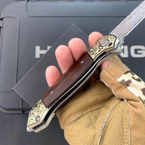 Golden Damascus Folding Knife