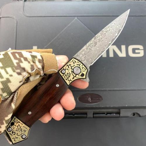 Golden Damascus Folding Knife