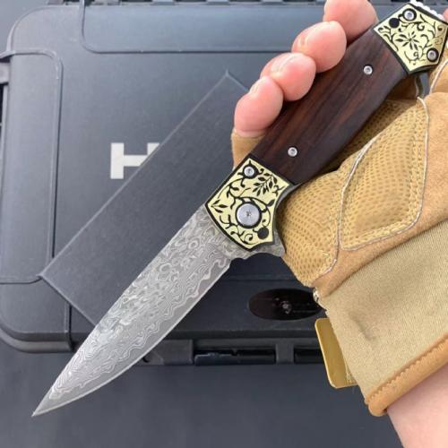 Golden Damascus Folding Knife